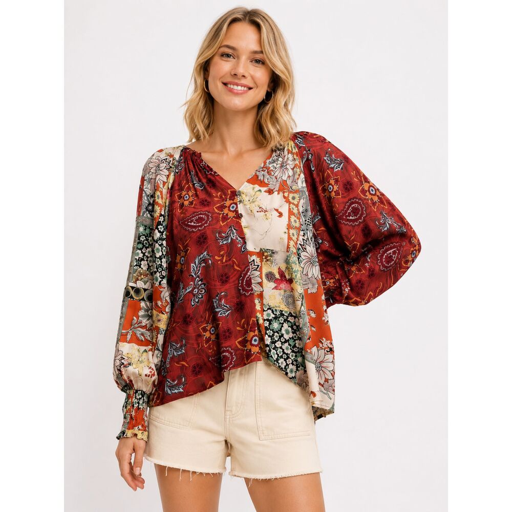 New GIGIO M 8 10 Byzantine Garden Mixed Print V Neck Flowy Hi-Low Hem Tunic Top